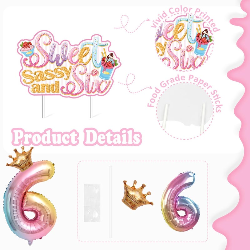 JUYRLE Sweet Sassy and Six Birthday Decorations for Girls - 6th Birthday With Donut Banner  Cake Topper  Foil Balloon for Ice Cream Party - Image 4